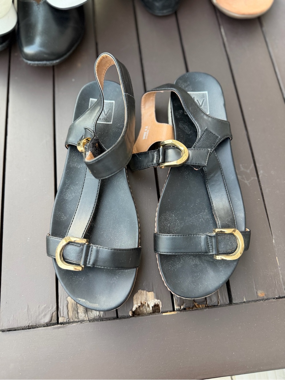 Dolce Vita Black Leather Sandals with Gold Buckles